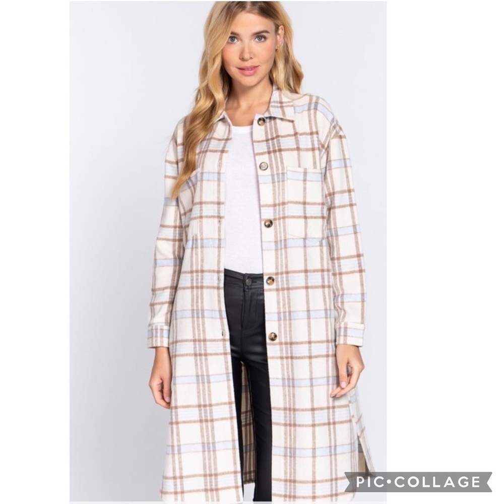 SALE!! Ivory, Baby Blue, & Tan Plaid Coat - Picture 5 of 7
